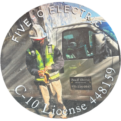 Five-O Electric logo: an electrician in a hard hat and safety vest beside the company truck, with C-10 License 448159